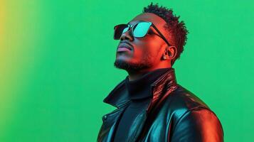 A man in sunglasses and a leather jacket standing in front of a green background photo