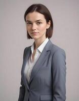 British woman in a sleek business suit, standing confidently against a neutral backdrop photo