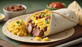 Nutritious and savory breakfast burrito with eggs, sausage, and a generous helping of cheese photo