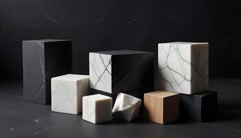 Sophisticated marble cube pedestal with white and gray tones on a dark background photo