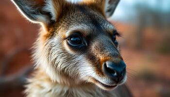 Male wallaby with sharp eyes and textured fur in serene outback setting photo