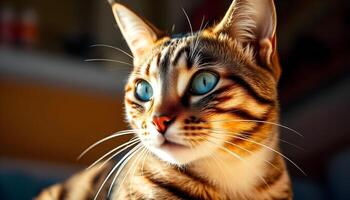 Close up of tabby cat with distinct fur pattern and blue eyes in gentle lighting photo