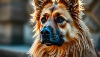 Close up portrait of a Belgian Tervuren with deep amber eyes, rich fawn coat, and an attentive expression, softly blurred neutral background photo
