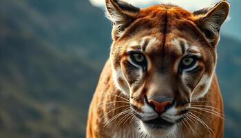 Close up of a male mountain lion, emphasizing his powerful features and clear eyes against a mountainous setting photo