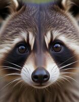 Portrait of a raccoon, highlighting his sharp facial features, distinctive black mask markings, and curious expression, with a softly blurred woodland setting photo