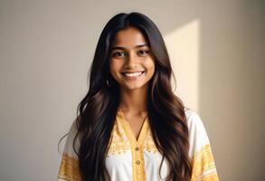 Graceful Indian girl with a radiant smile, captured in a minimalist studio setting photo