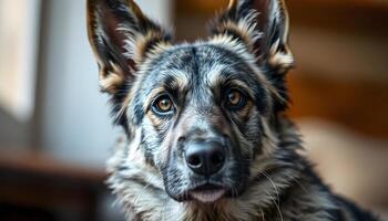 Close up of a Norwegian Elkhound with Upright Ears and Detailed Fur Texture photo