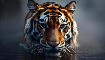 Siberian Tigers face in close up, with droplets of water on its fur, as if its just emerged from a river, surrounded by a misty atmosphere photo