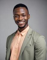 Smiling Nigerian man in trendy outfit, exuding confidence while posed against a plain backdrop photo