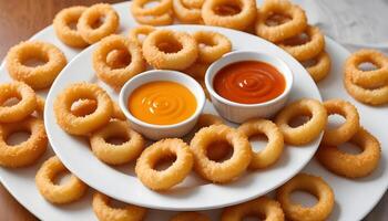 Crispy thick cut onion rings with a side of tangy dipping sauce for dipping photo