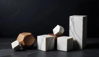 Minimalist marble cube podium in shades of white and gray on a dark surface photo