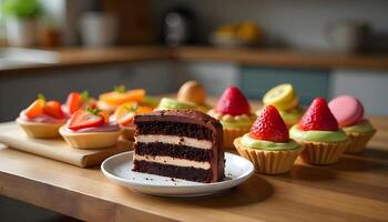 Colorful desserts on a wooden table, including chocolate cake, fruit tarts, and pastel macarons, with a soft focus background photo