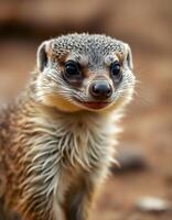 Alert female mongoose with fine fur and sharp eyes, set against a blurred savannah photo