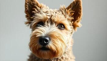 Close up of Pumi dog with curly fur and calm demeanor in blurred background photo