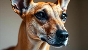 Close up of a Saluki with bright dark eyes, smooth tan coat, focused gaze, natural lighting highlighting the coat texture, neutral blurred background, calm and alert demeanor photo