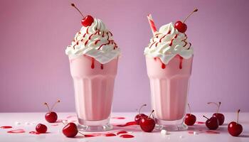 Refreshing milkshake with fluffy whipped cream and a cherry on top photo