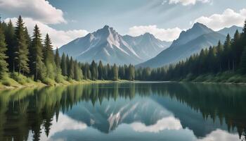 Tranquil Mountain Lake Surrounded by Verdant Greenery photo