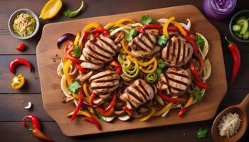Grilled chicken fajitas with bell peppers and onions served on a sizzling platter photo