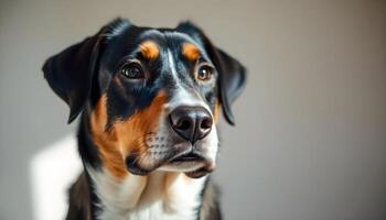 Attentive Entlebucher Mountain Dog with deep eyes and soft shadows highlighting fur photo