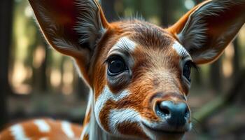 Female bongo with orange and white striped fur and curious eyes in forest setting photo
