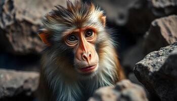 Portrait of a male macaque, capturing its intense eyes, rugged fur, and contemplative expression, with a softly blurred natural habitat photo
