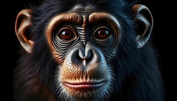 Portrait of a chimpanzee with an inquisitive expression, detailed fur textures against a dark background photo