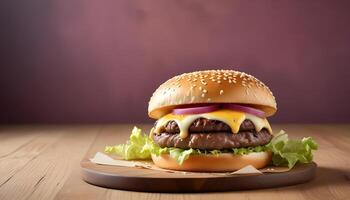 Savory burger with melted cheese, fresh lettuce, and sesame seed bun on rustic wood photo