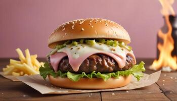 Classic burger with melted cheese, lettuce, and sesame seed bun served on rustic table photo
