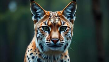 Female Lynx with Tufted Ears and Piercing Gaze in Soft Forest Backdrop photo