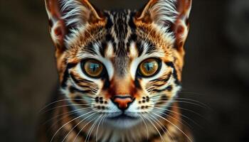 Cheetoh cat with bold coat pattern and intense gaze in warm soft lighting photo