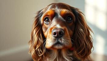 Close up of Cocker Spaniel with expressive eyes and rich fur texture in warm light photo