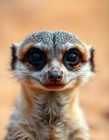 Female meerkat with large eyes and alert expression surrounded by a blurred desert photo