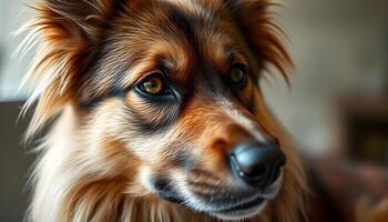 Tervuren with intense amber eyes and long fawn coat in soft natural light photo