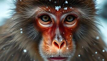 Detailed close up of a Japanese macaque, emphasizing his piercing gaze, thick fur wet from the hot springs, and the gentle snowfall enhancing the serene atmosphere photo