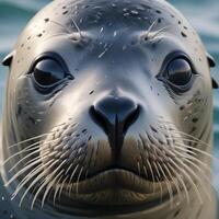 A close up of a seal's face with a blue background photo