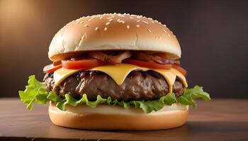 Bacon cheeseburger with tomato, lettuce, and a perfectly toasted bun photo