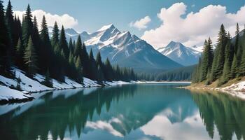 Evergreen Forests and Towering Peaks Reflecting in a Still Lake photo