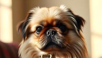 Pekingese with Silky Fur and Serene Expression Against a Blurred Background photo