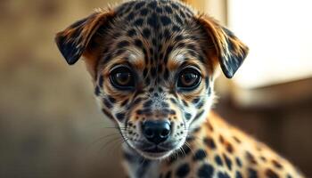 Portrait of a Pixie Bob with hazel eyes, short and thick coat with a unique spotted pattern, focused and attentive expression, soft natural lighting, blurred background, calm demeanor photo