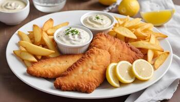 Hot and crispy fish fillet paired with thick fries, tartar sauce, and lemon photo