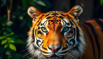 Detailed close up of a tiger, emphasizing the intricate details of its fur, deep green eyes, and soft interplay of light and shadow in a dense forest backdrop photo