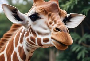 Playful close up of a female giraffe with extended tongue and unique coat patterns photo