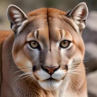 Focused mountain lion portrait, intense eyes and sharp whiskers against rugged scenery photo