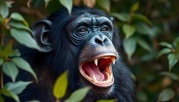 Curious chimpanzee with open mouth in greenery photo