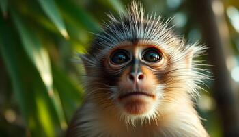 Intricate close up of a male capuchin monkey with a focused gaze and textured fur photo
