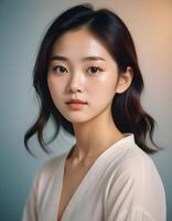 suave y sereno retrato de un coreano niña con suave piel y sutil caracteristicas foto