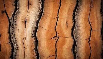 Close up of aged wood grain with visible rings, cracks, and color variations from beige to brown photo