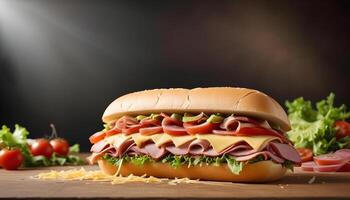Fresh sub sandwich with delicious layers of deli meats, cheese, and veggies photo