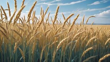 Golden wheat field dancing in the wind under a cloudless sky photo