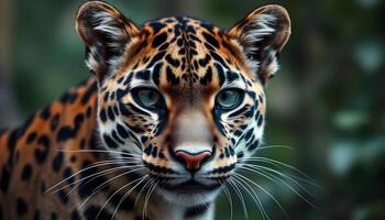 Female Clouded Leopard with Distinct Fur Markings and Sharp Eyes Against Forest Backdrop photo